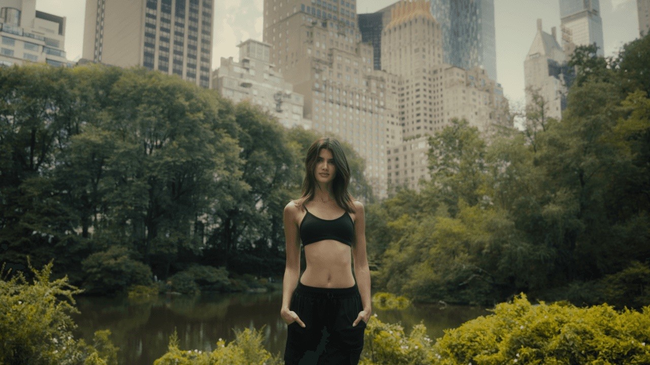 A model standing in an urban park with a city skyline and tall buildings in the background, facing away from the camera