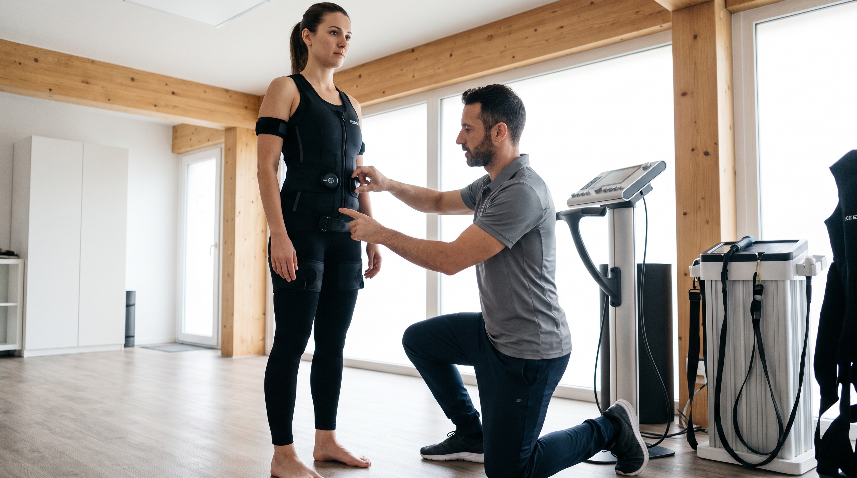 istruttore EMS Trainer che calibra i parametri della Biotuta su cliente in studio professionale
