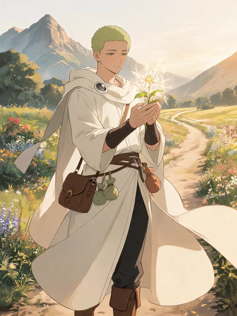 anime character generator showing a green-haired healer in a white cloak holding a glowing flower