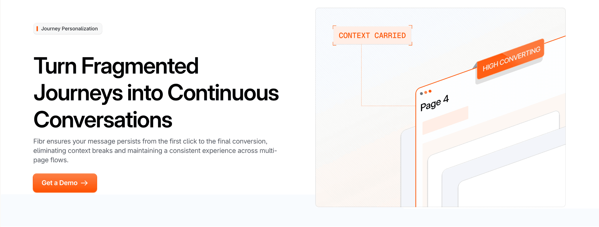 Fibr Journey Personalization landing page showing context carried across multiple pages.