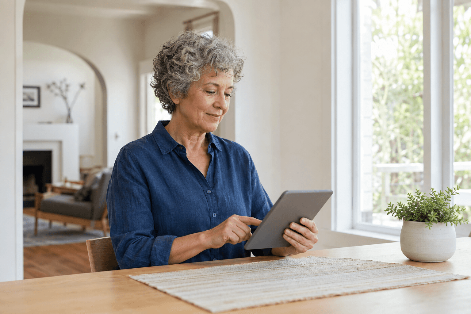 A woman uses a tablet while seated at a table at home.