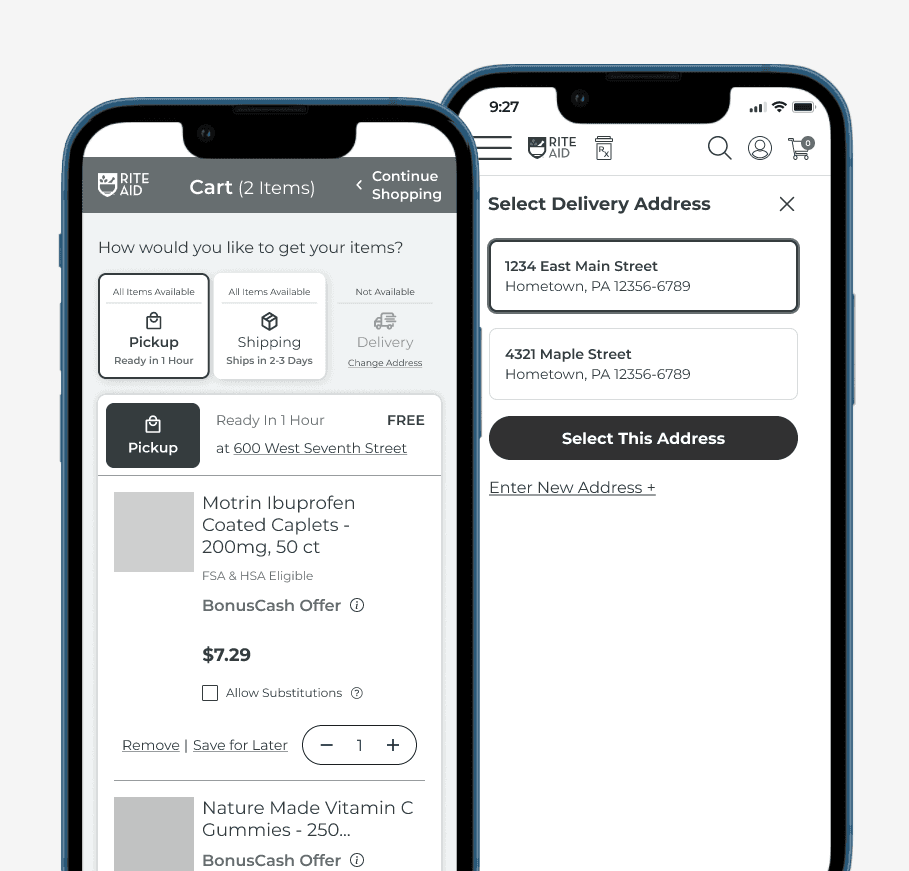 two iphones mocked up with grayscale interfaces