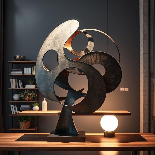 A large metal sculpture displayed on a table, showcasing intricate design and craftsmanship.