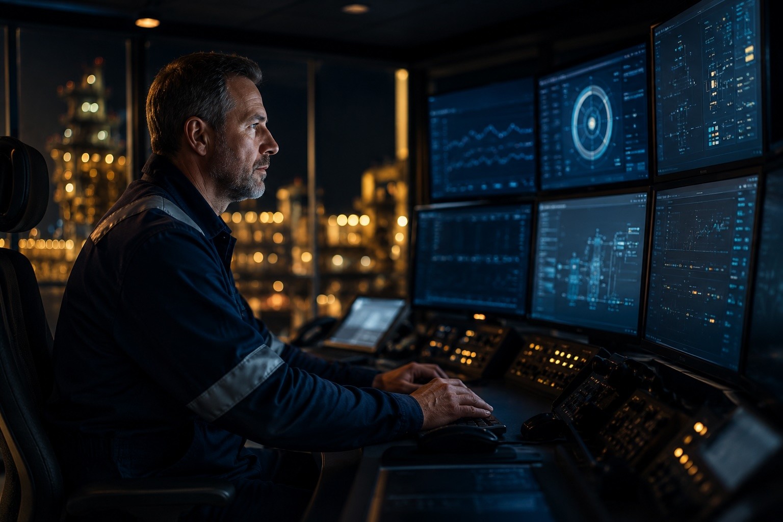 Control room operator monitoring multiple data screens at night.