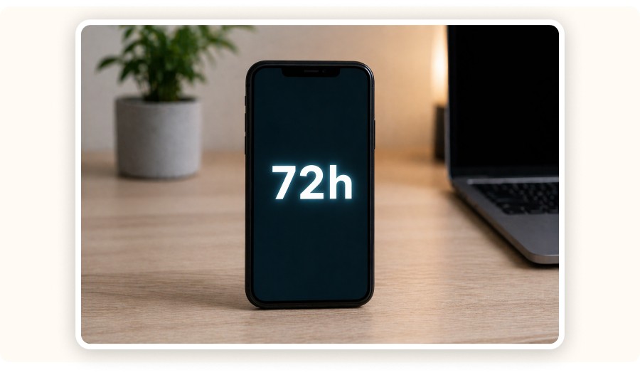 Un téléphone avec le mot “72h” sur l’écran