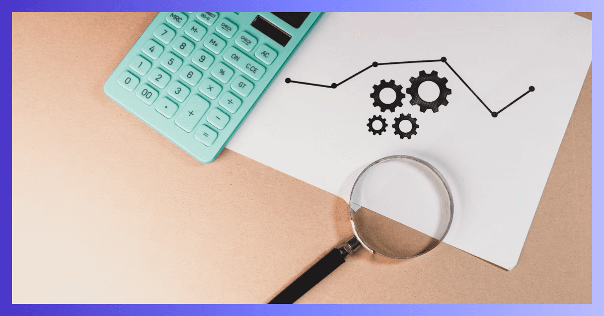 Calculator, magnifying glass and gear chart: financial analysis and optimization.