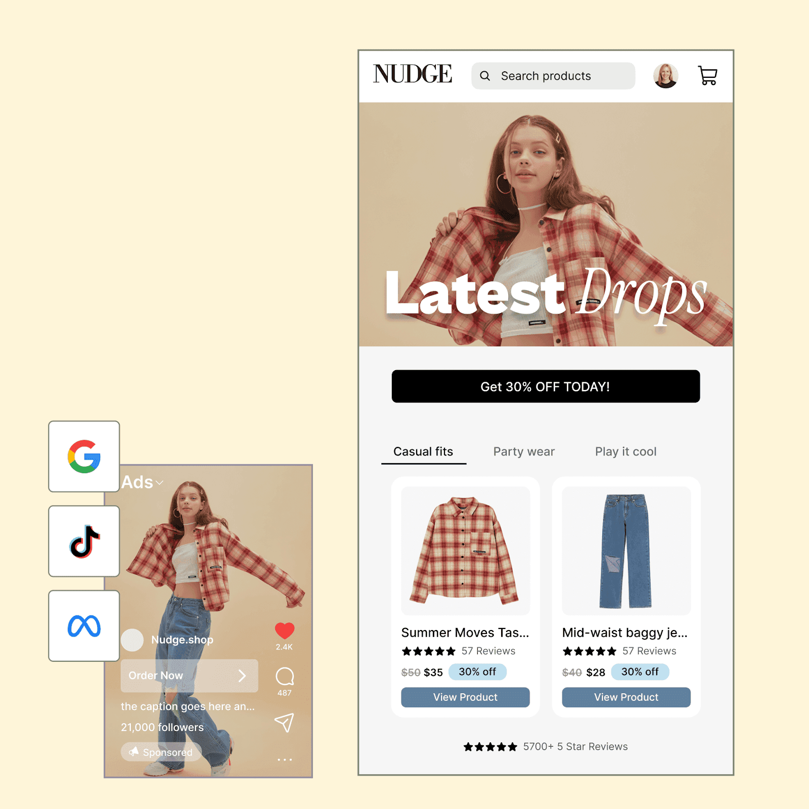 Fashion ad featuring a plaid shirt and jeans with 30% off, star ratings, and social media icons for Google, TikTok, and Facebook.