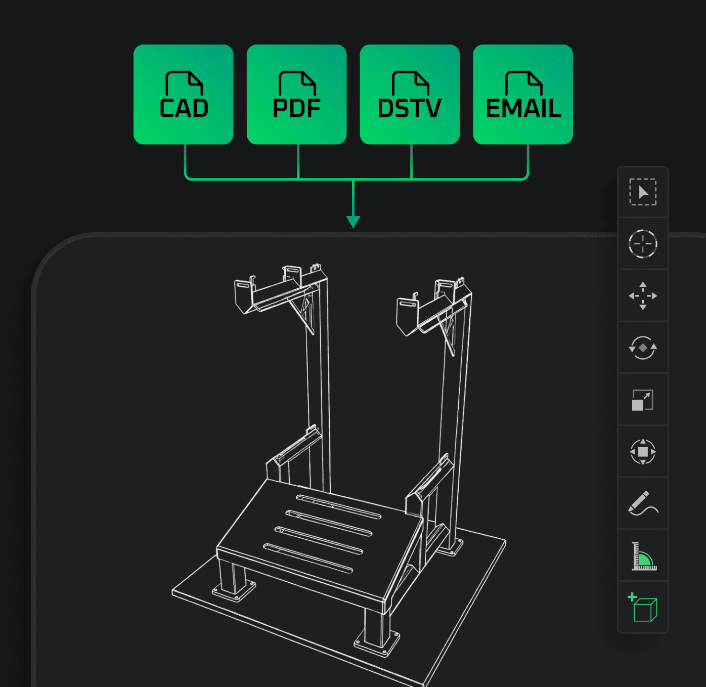 CAD-, PDF- en DSTV-bestanden en e-mailinvoer gekoppeld aan een 3D-weergave van een samenstelling in CalQore.