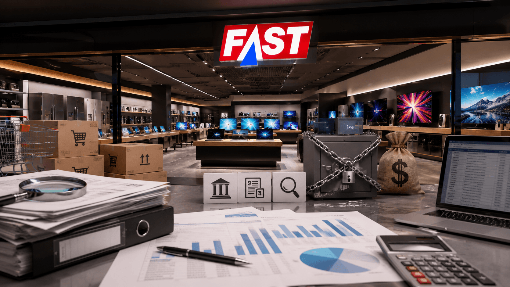"Renderização 3D realista em formato widescreen de uma loja de eletrônicos inspirada na identidade visual da Fast Shop. A fachada da loja ocupa o centro da imagem, com destaque para o logotipo em vermelho, branco e azul acima da entrada. No primeiro plano, há documentos financeiros, gráficos impressos, uma calculadora, um notebook exibindo planilhas, uma lupa e pastas organizadas sobre uma mesa. Ao lado, um cofre metálico fechado com correntes e cadeado, além de um saco de dinheiro, reforçam a temática de auditoria e investigação financeira. Ao fundo, a loja exibe televisores, notebooks e eletrônicos em um ambiente moderno, iluminado por luzes embutidas. Não há pessoas na cena."