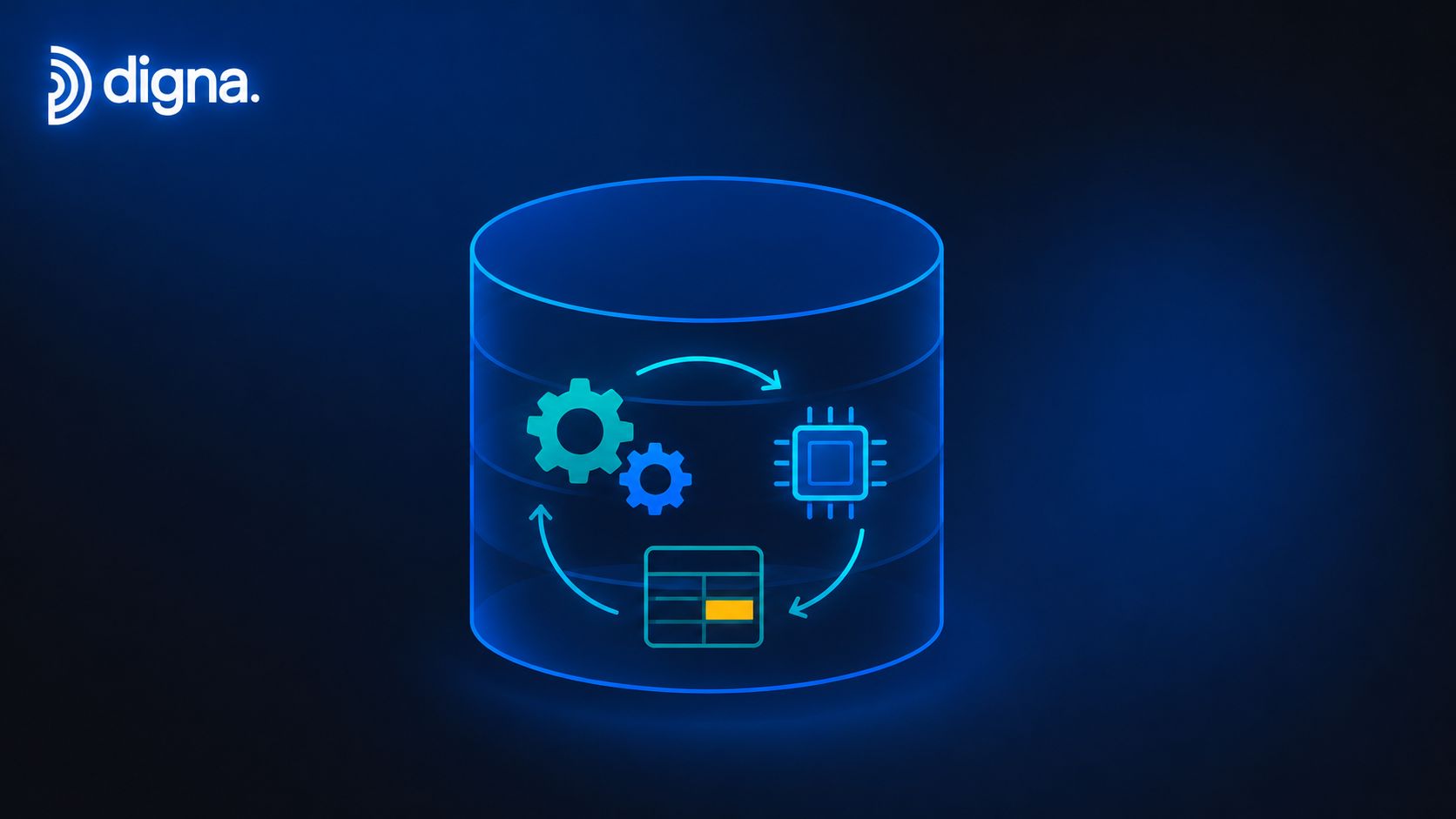 A digital graphic depicting a database icon with integrated icons of gears, a chip, and a data table.
