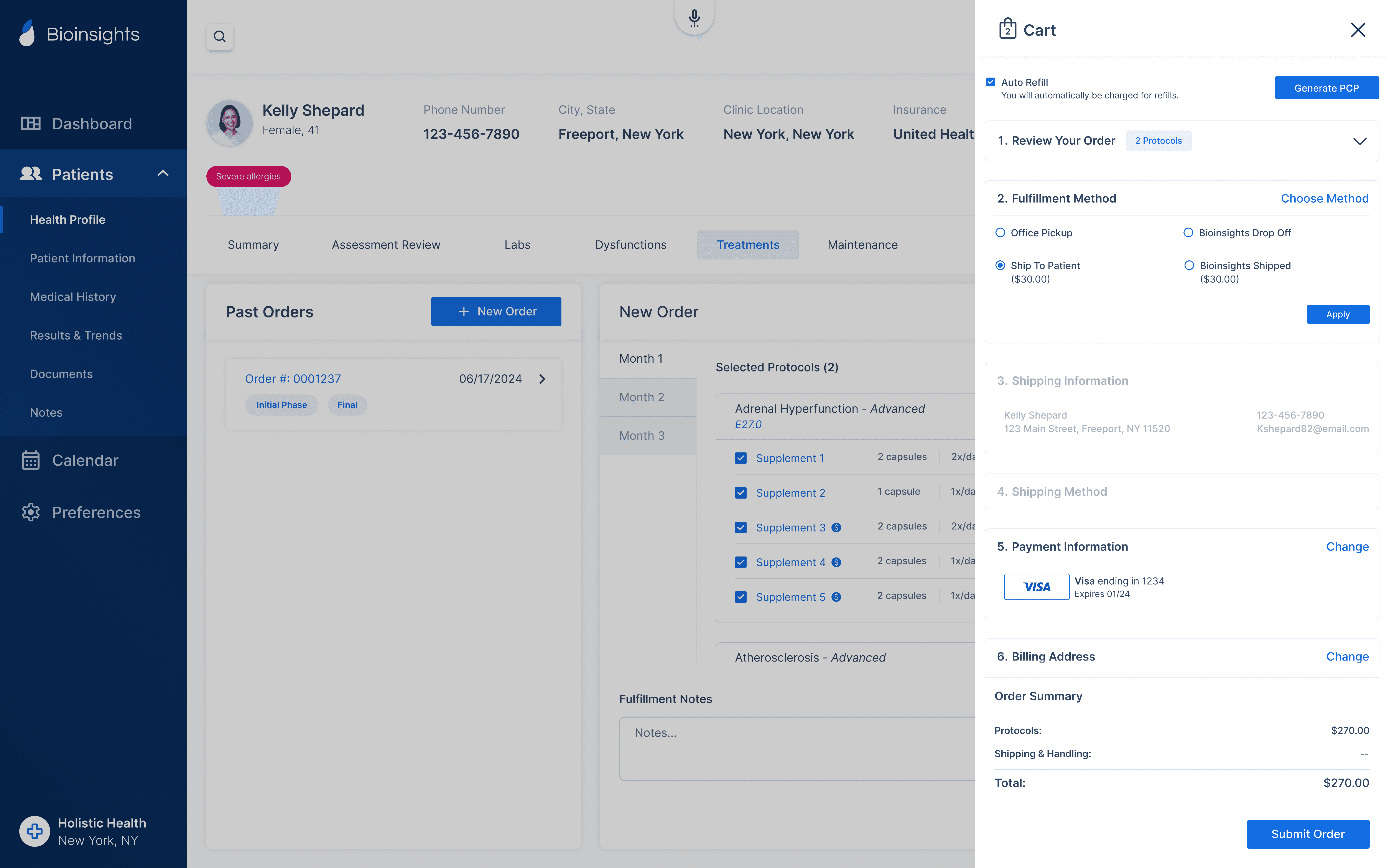 A cart view within a medical web platform.
