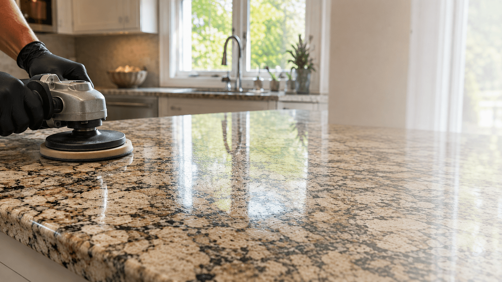 Technician polishing a residential granite countertop to restore its natural shine.