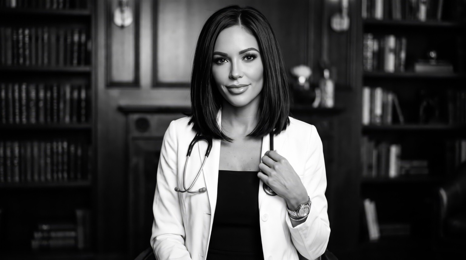 Stacy in a white coat with a stethoscope, seated in a library-style office.