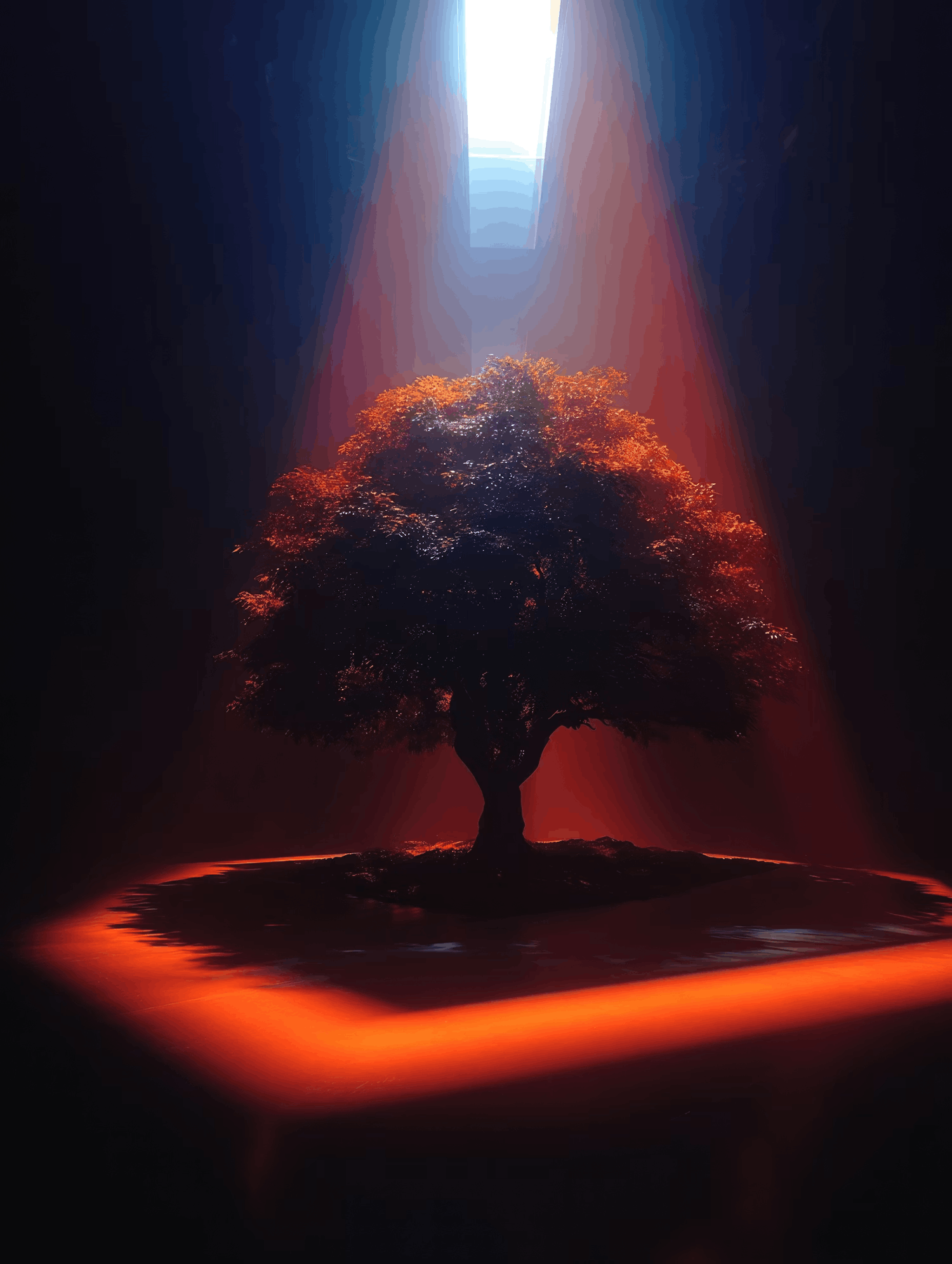 Dark tree with orange leaves, dramatically lit by a red and blue glow.