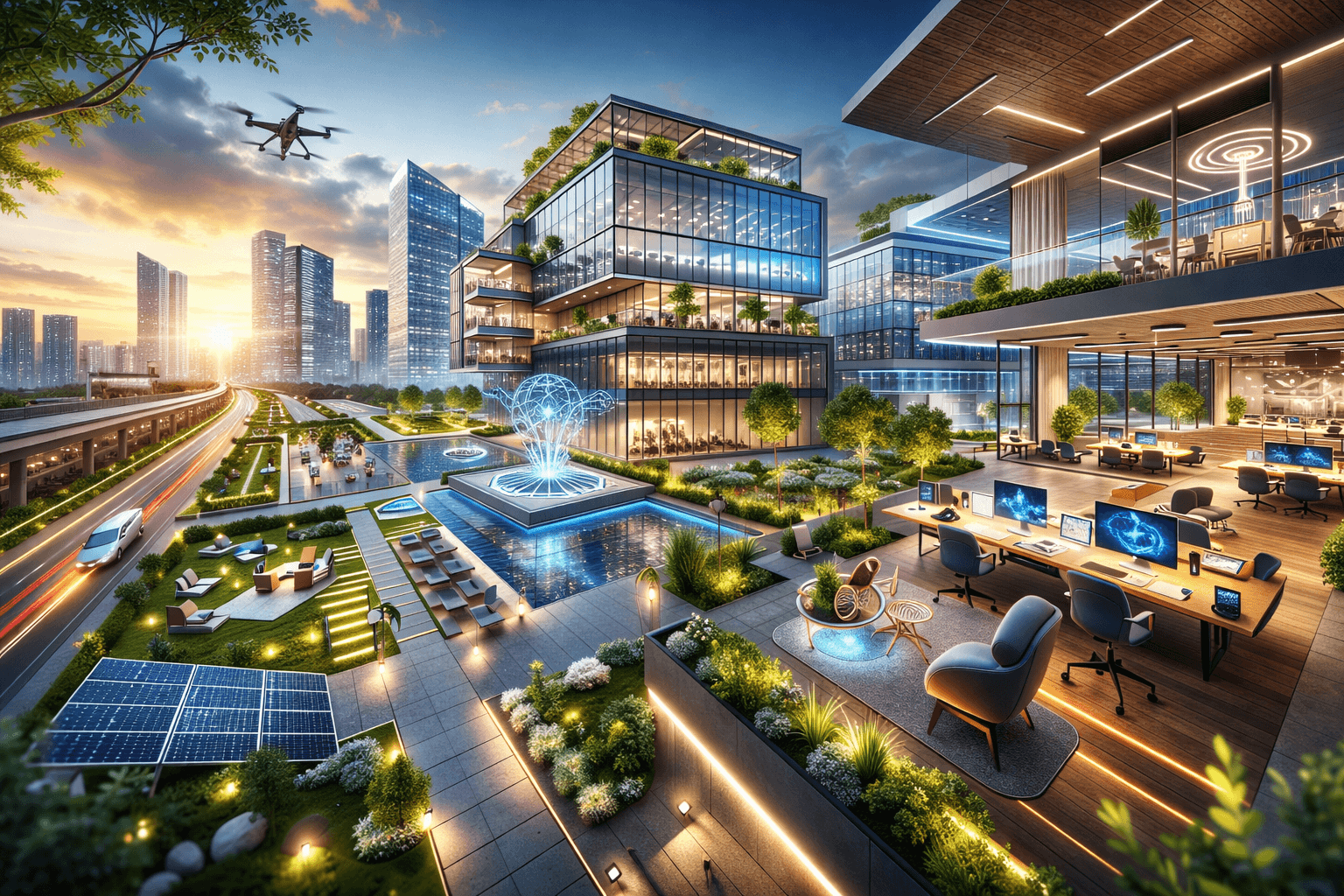 Digital 3D building blueprint with neon circuitry for smart office spaces