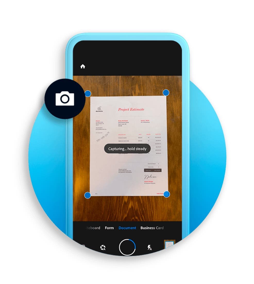 A smartphone camera app scanning a 'Project Estimate' document, showing 'Capturing... hold steady'.