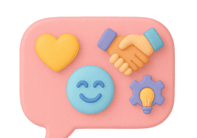 Chat bubble with heart, smiley face, handshake, and lightbulb