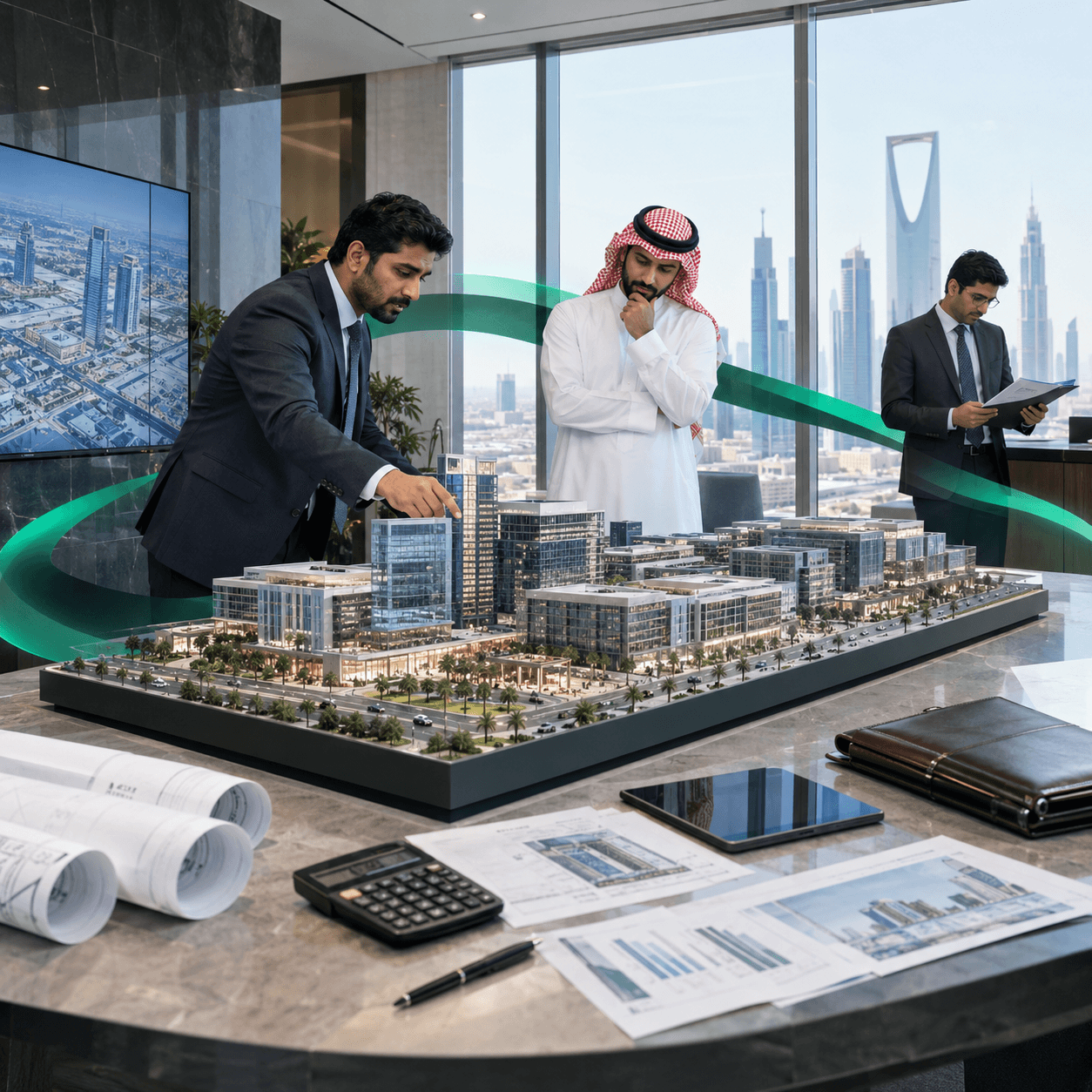 Due Diligence & Business Valuation in Saudi Arabia: financial documents under a magnifying glass beside a balance scale.