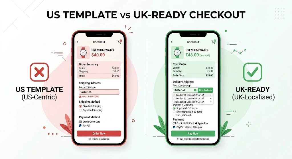 Comparison of a US template checkout and a UK-ready checkout, showing VAT-inclusive pricing, postcode lookup, UK couriers and Klarna payment options