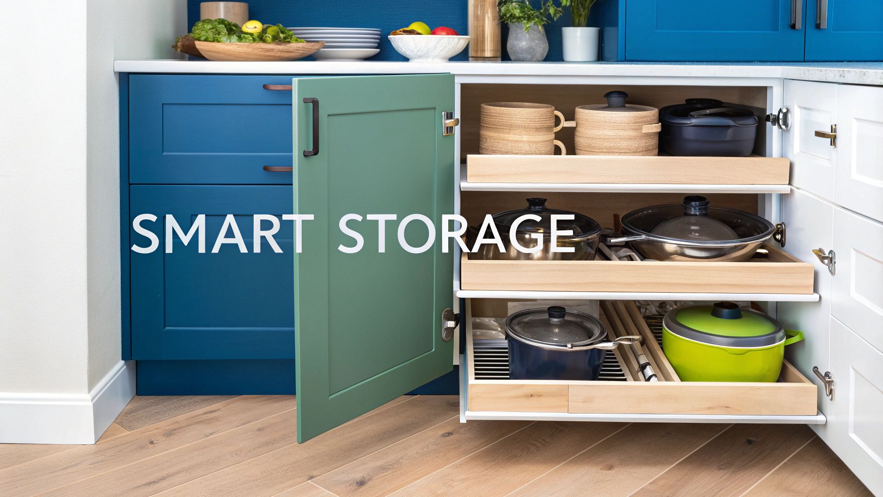 A modern kitchen with blue and green cabinets, showcasing smart pull-out storage for pots and pans.
