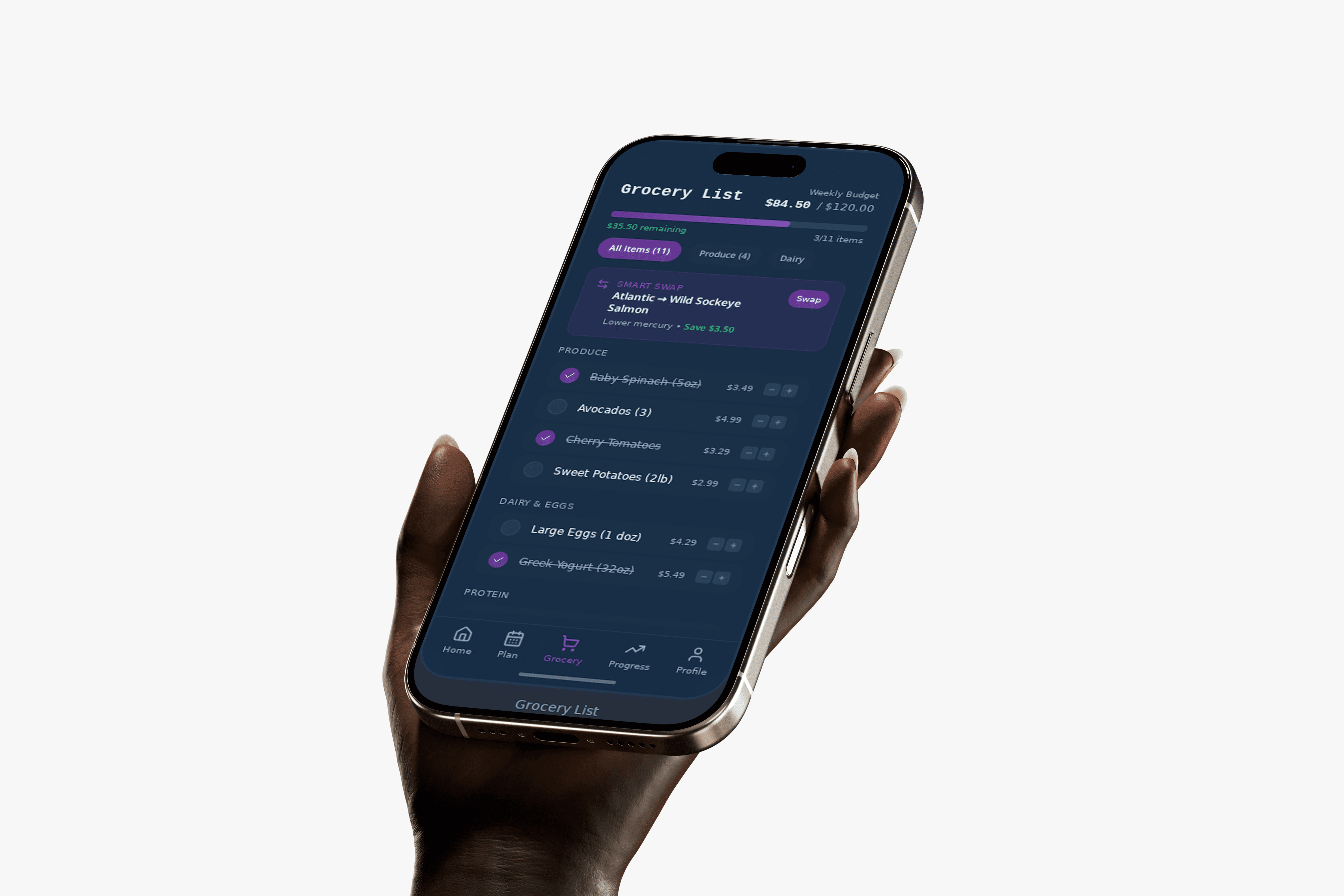 Grocery List screen with Smart swap feature