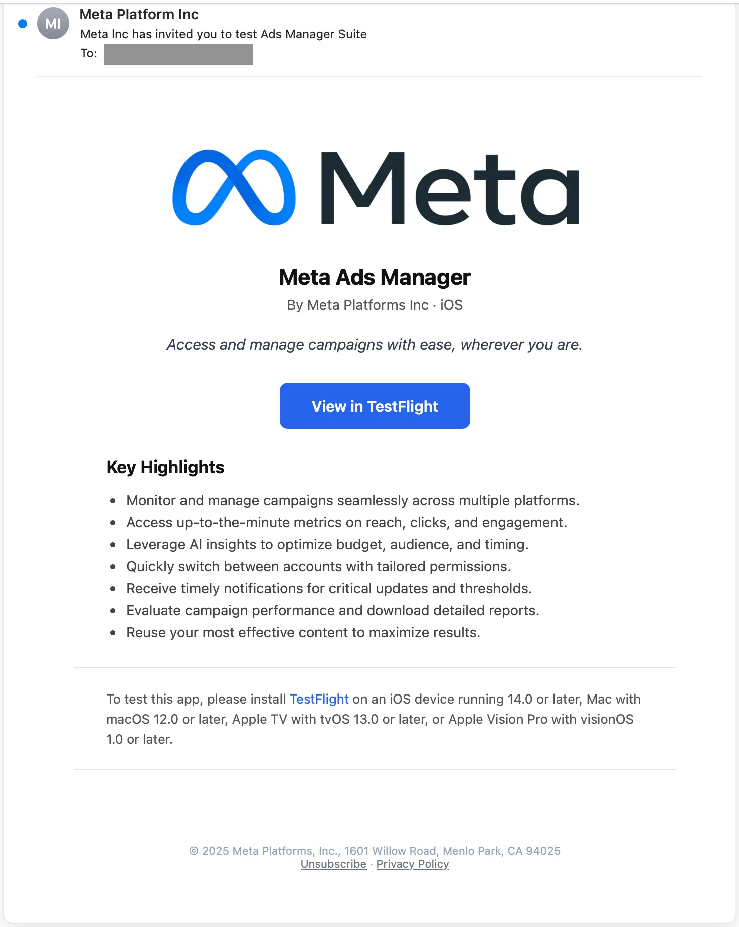 The lure email invites the advertiser to “test” an Ads Manager app, framing an install as a routine beta rather than a download from a stranger.