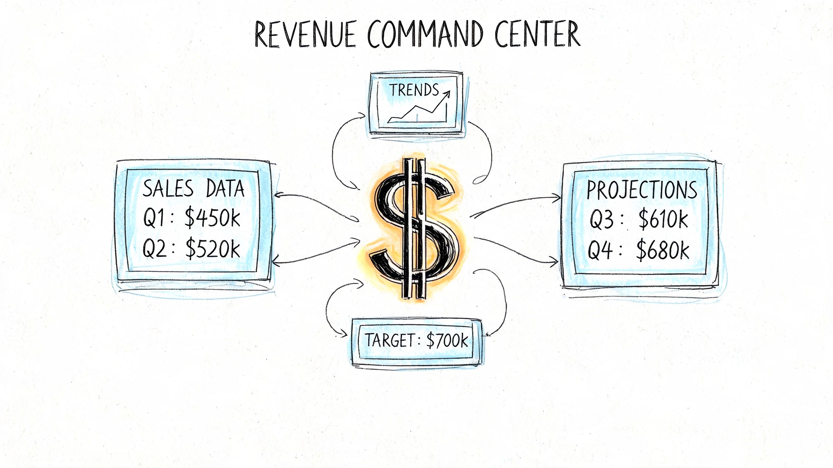 A hand-drawn illustration showing a Revenue Command Center with sales data, projections, trends, and a target.
