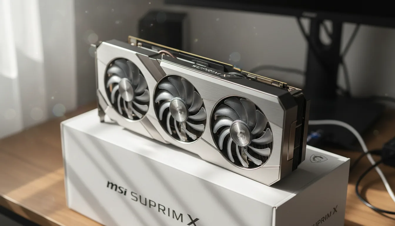DSLR product photograph of a high-end, triple-fan MSI Suprim X graphics card resting on its white retail box. The shot is a close-up with an angled perspective, focusing on the sleek, silver and black brushed metal shroud. Soft, diffused natural daylight illuminates the scene, highlighting the metallic textures. The depth of field is shallow, blurring the indoor background into a soft bokeh.