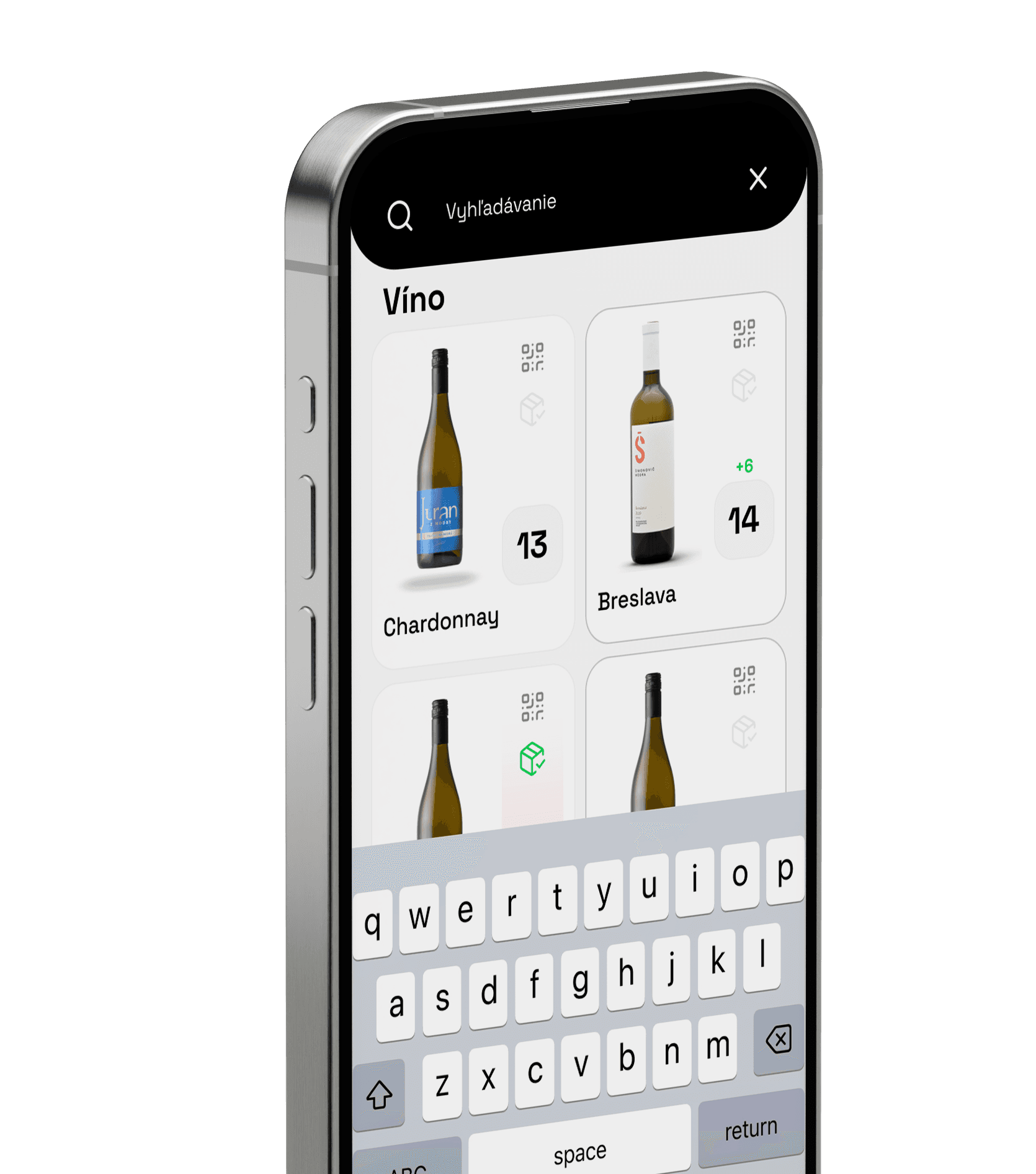 Mobilná aplikácia na výber vína, zobrazená na smartfóne s funkciou vyhľadávania. Viditeľné sú rôzne druhy vín, ako Chardonnay a Breslava, s číslami označujúcimi množstvo