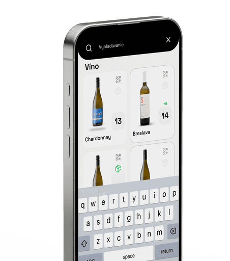 Mobilná aplikácia na výber vína, zobrazená na smartfóne s funkciou vyhľadávania. Viditeľné sú rôzne druhy vín, ako Chardonnay a Breslava, s číslami označujúcimi množstvo