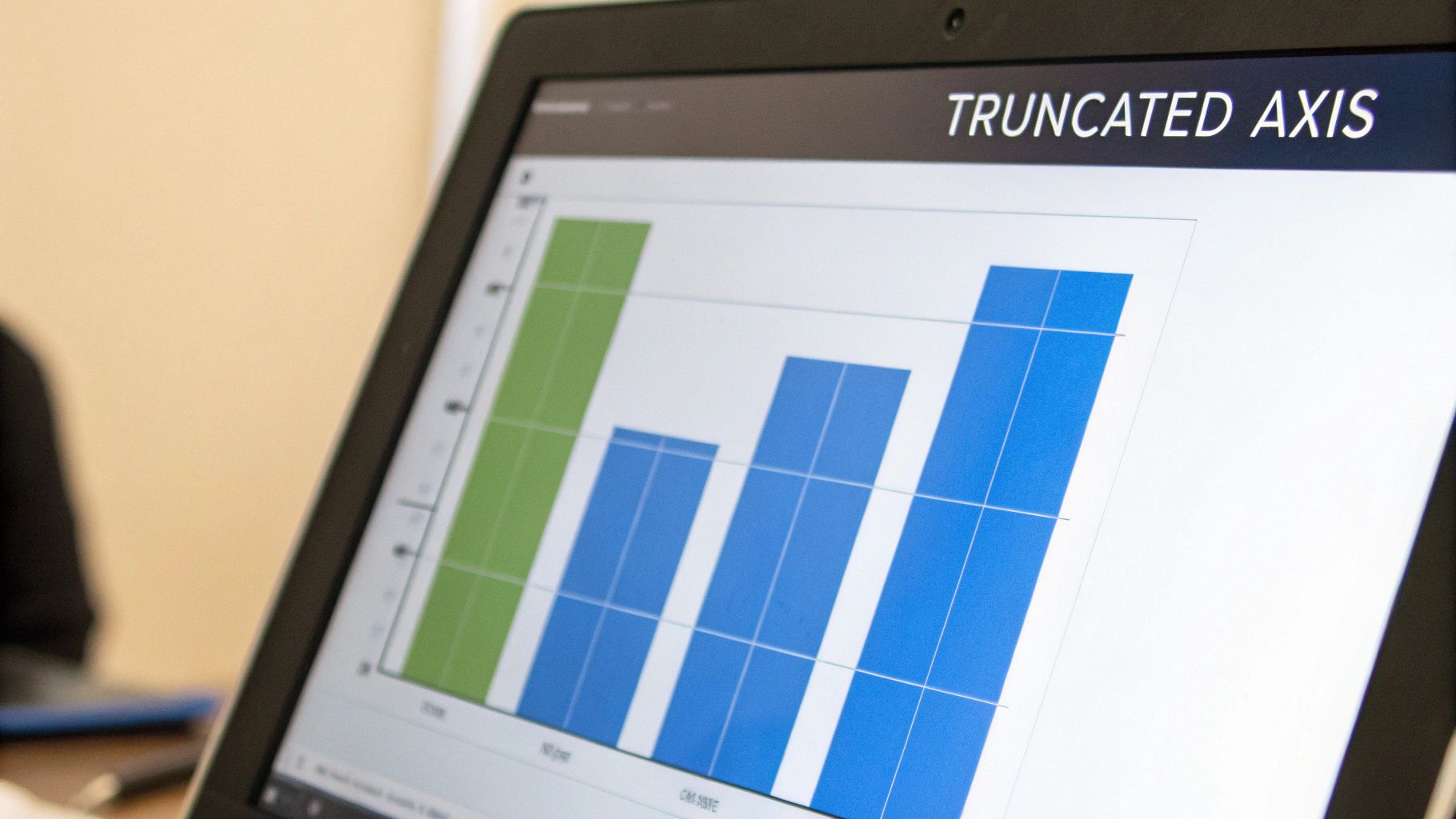 A laptop screen shows a bar chart with a prominent 'TRUNCATED AXIS' title, illustrating misleading data visualization.