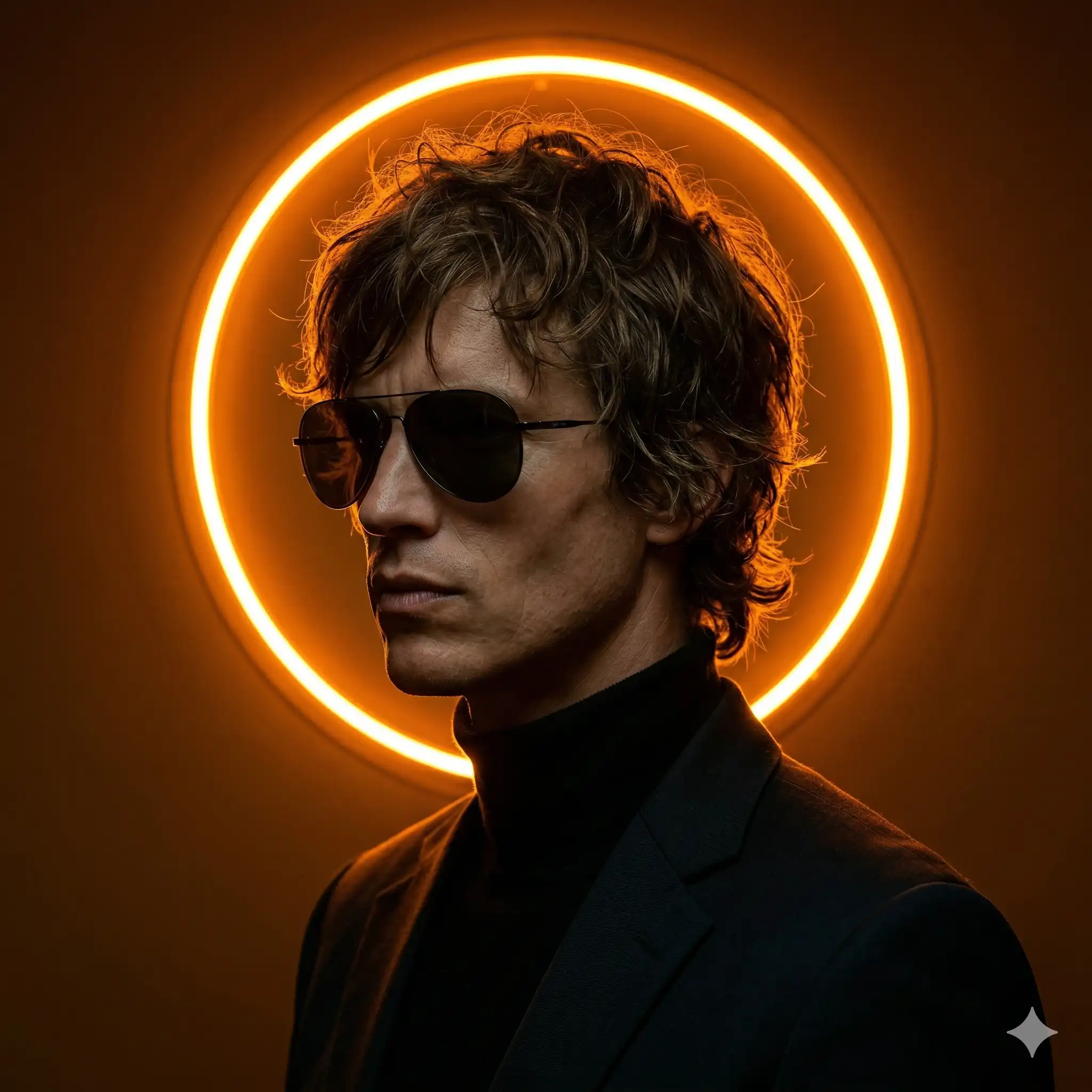 AI-generated cinematic portrait of a man in sunglasses and a dark turtleneck framed by a glowing orange neon circle light on a dark background. Designed for the AI image generation portfolio of Mahendra R.