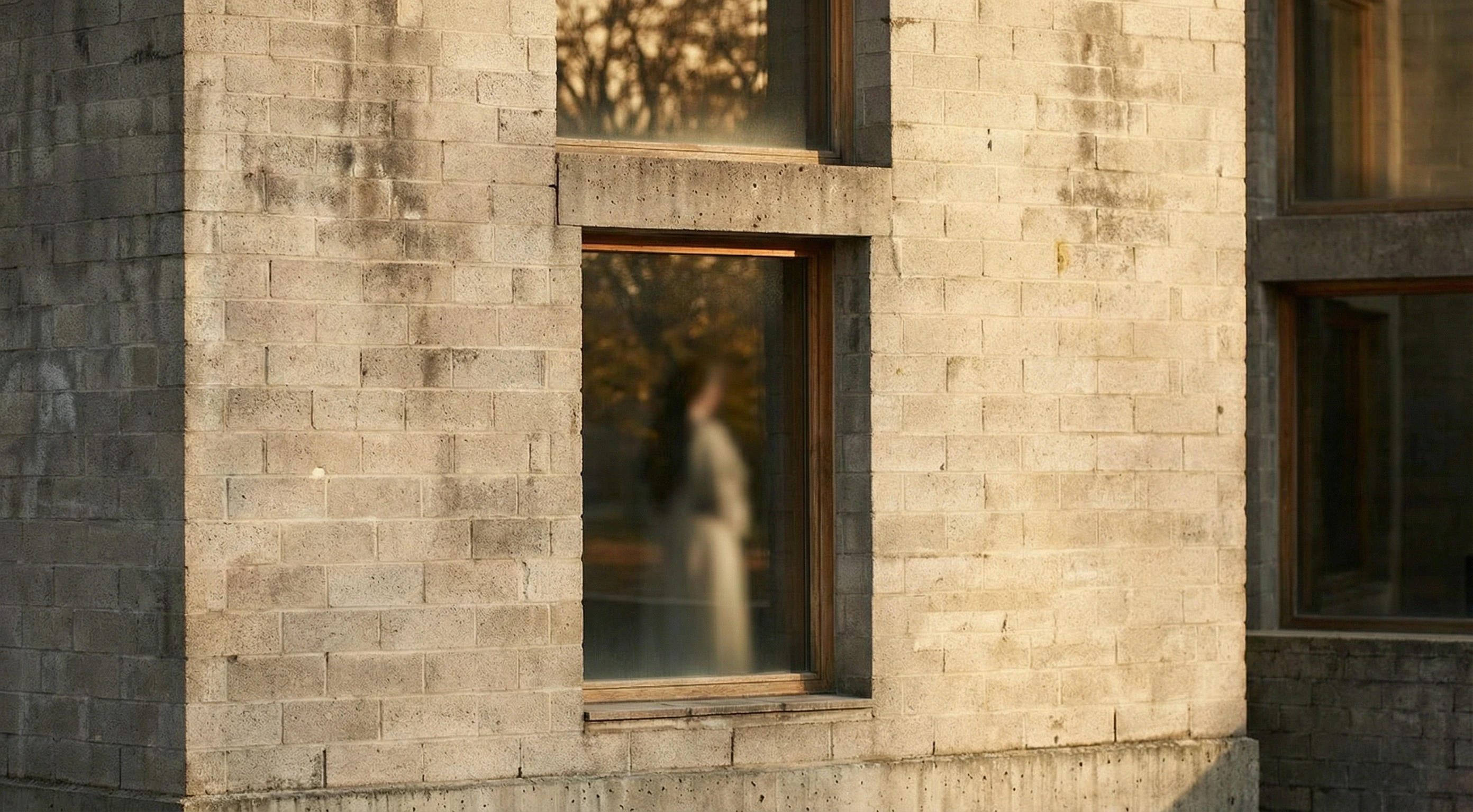 Interior passage with warm light filtering through concrete openings — Dominican Motherhouse II visualization
