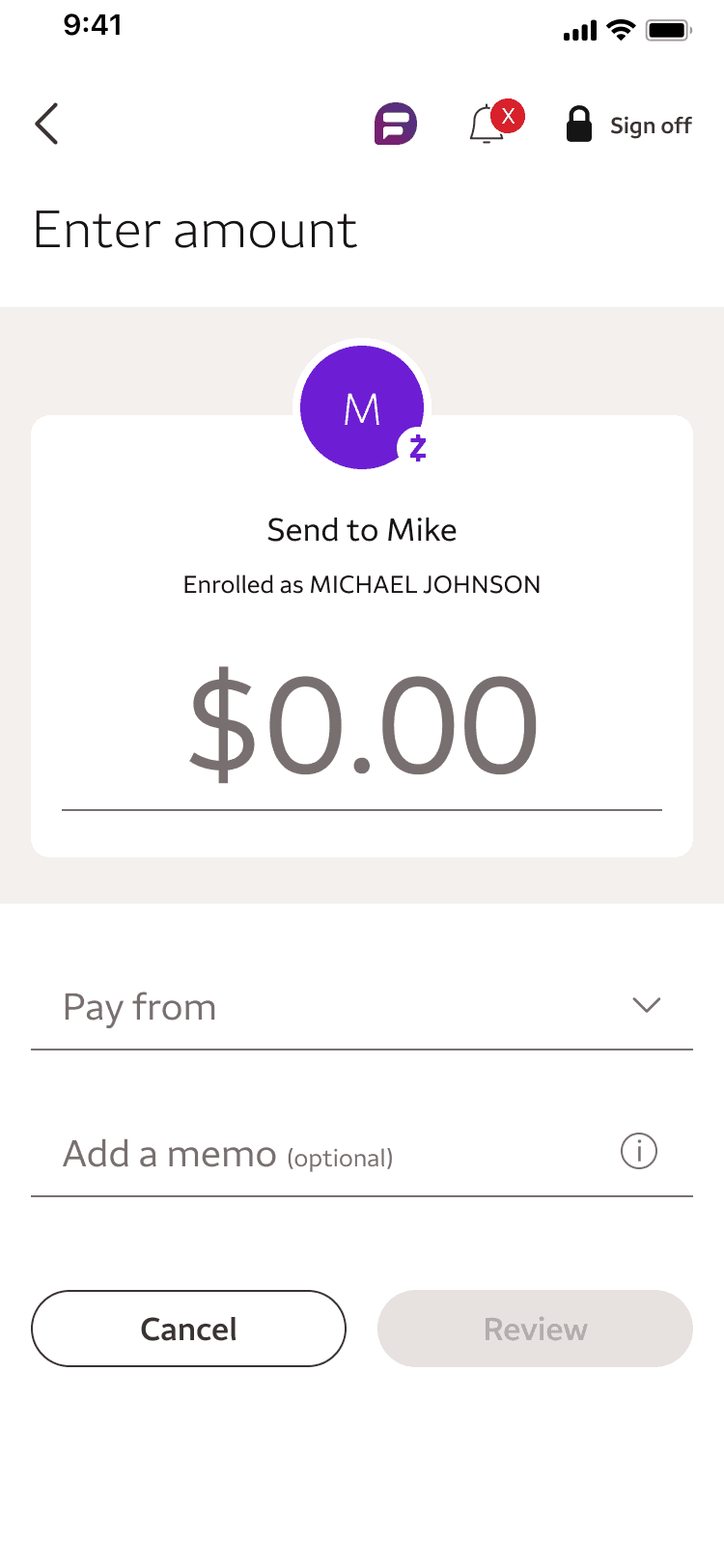 Legacy Zelle Enter Amount screen with no scheduling option