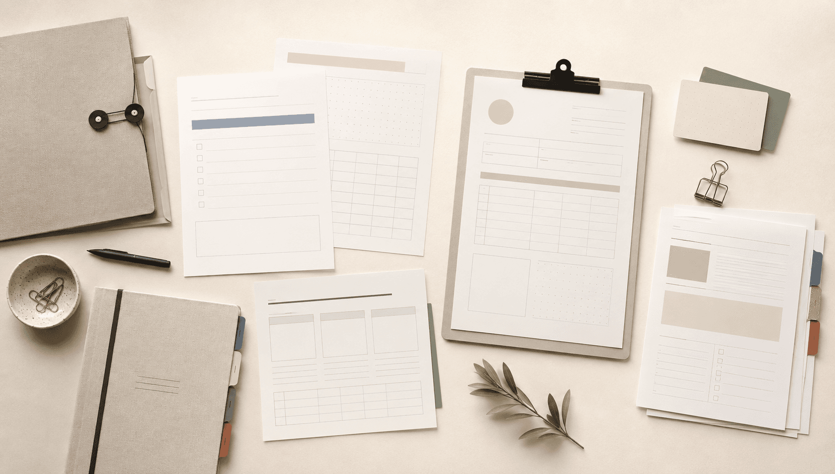 Overhead arrangement of polished business templates with blank fields, checklists, tables, folders, notebooks, tabs, and office supplies on a warm cream background.