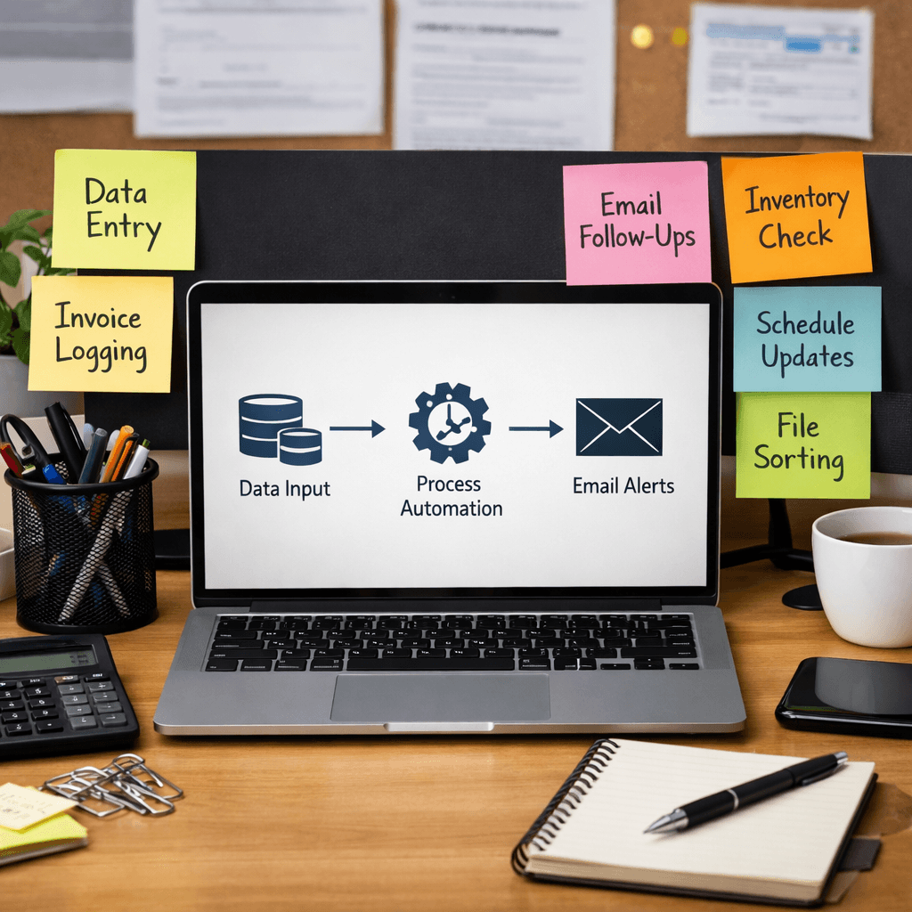 A realistic office desk with sticky notes listing repetitive tasks like data entry, invoice logging, and email follow‑ups, with a laptop displaying a simple workflow diagram. Alt: AI automation for small business task identification