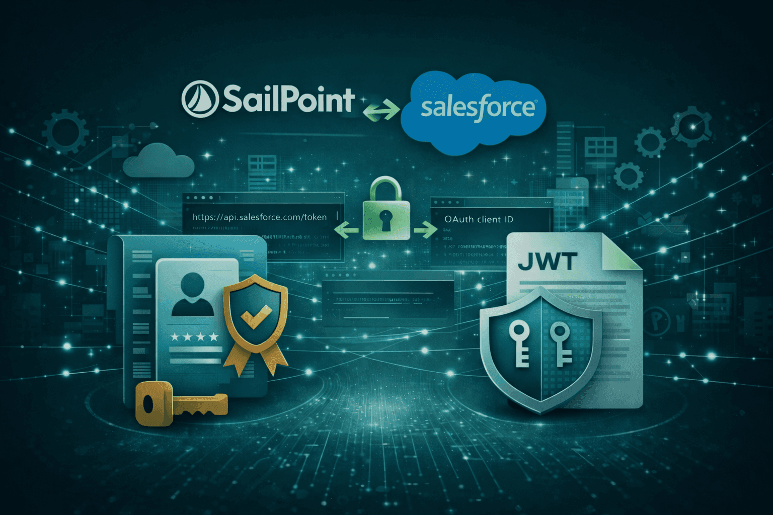 Technical graphic showing the integration between SailPoint and Salesforce using JWT, OAuth client ID, and secure API tokens for identity management.