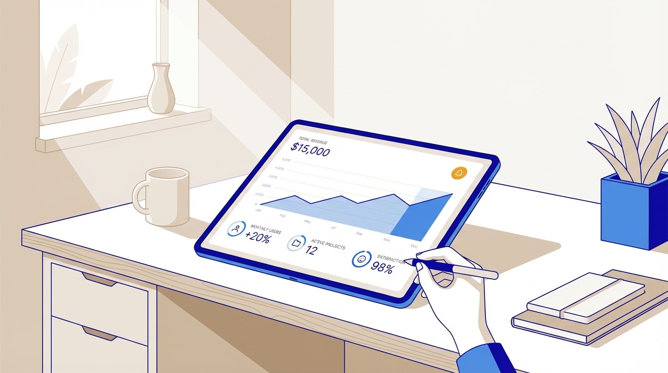 A clean, professional workspace featuring a tablet with a minimalist data dashboard, illuminated by soft natural light, representing efficient business intelligence.