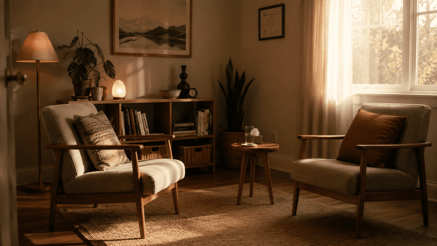 Warm and welcoming couples therapy room with two chairs facing each other in soft afternoon light, Wellington New Zealand