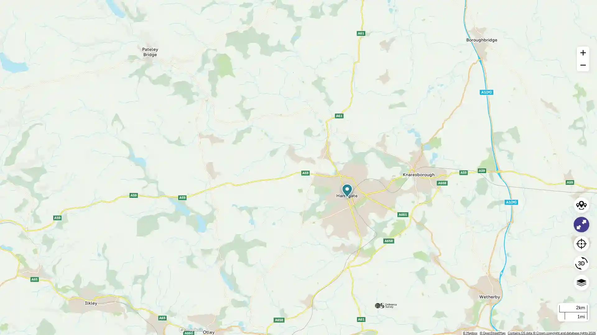 Map shows Harrogate with A roads and countryside
