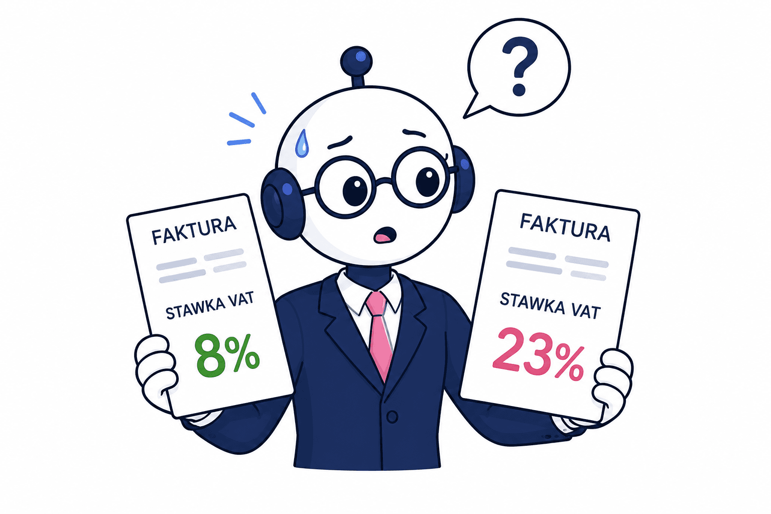 Robot porównujący faktury z różnymi stawkami VAT 8% i 23% podczas identyfikacji błędu na fakturze w KSeF.
