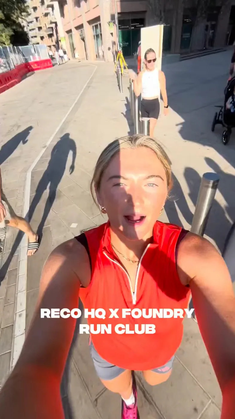 A runner filming a selfie mid-run, captioned RECO HQ x Foundry run club