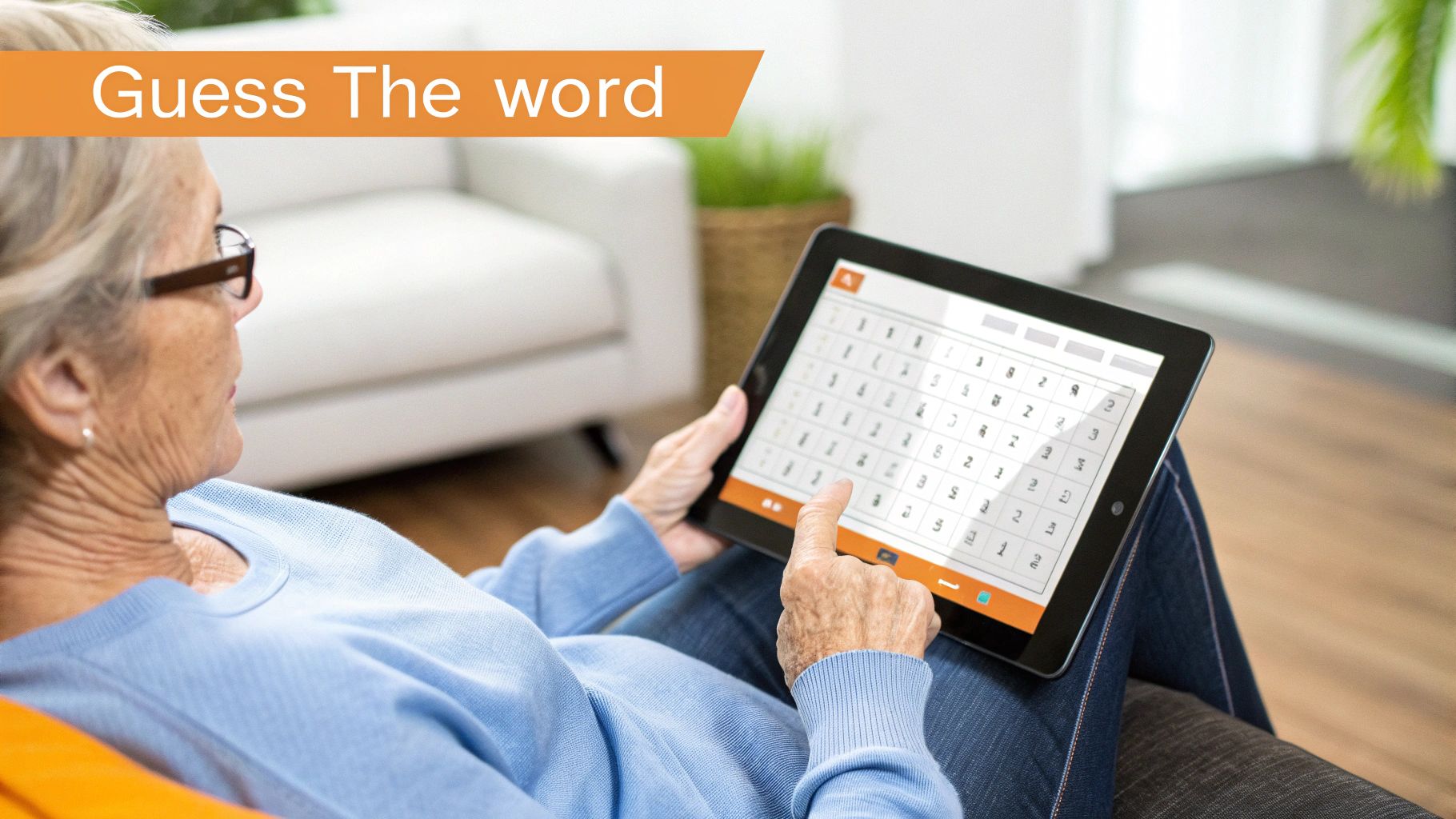 Elderly woman playing a word game on a tablet, with a 'Guess The word' banner.