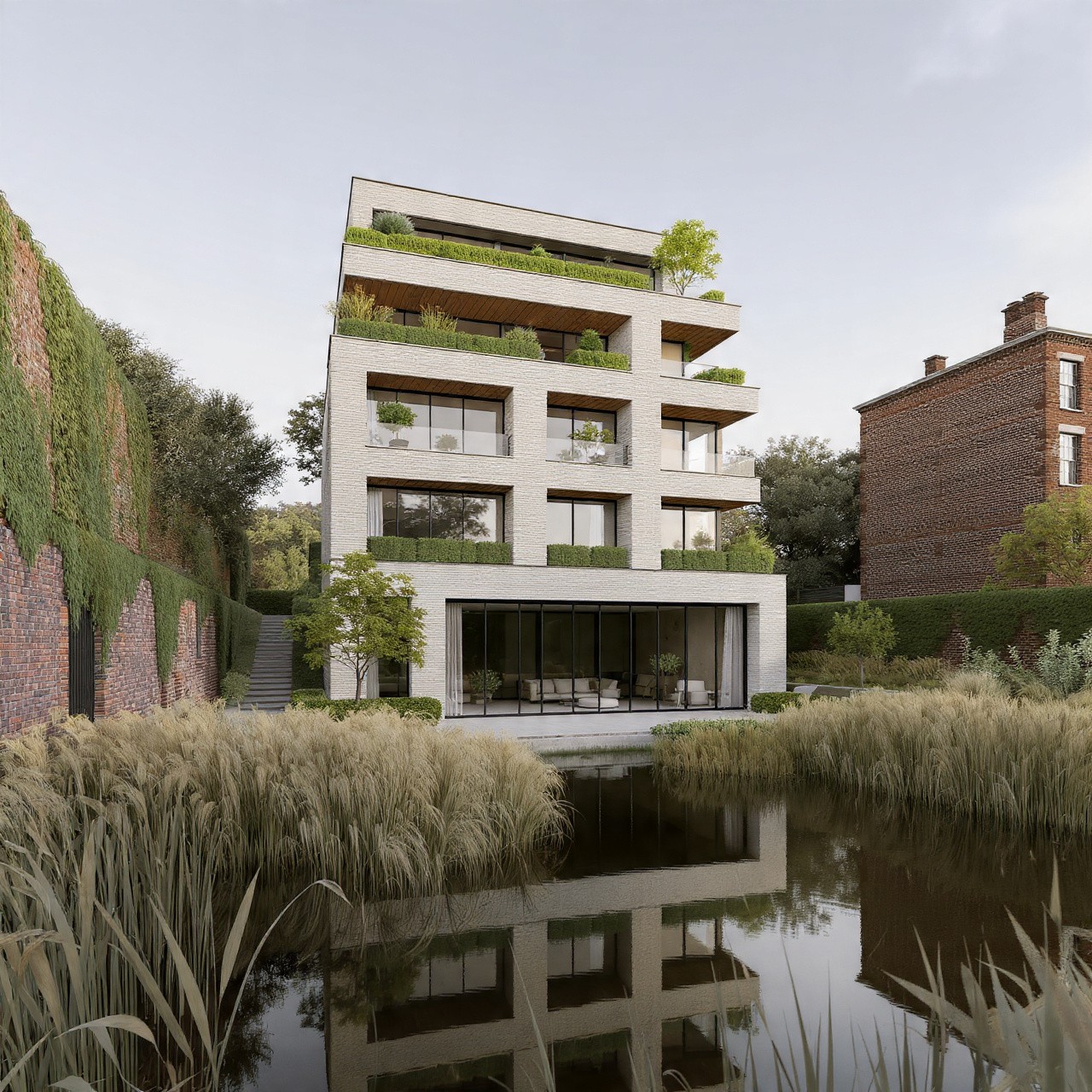 Modern four-story building with large windows and balconies adorned with greenery. It's reflected in a pond, surrounded by lush plants and trees. Calm and serene atmosphere.