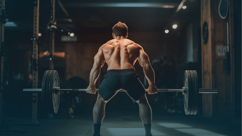 A muscular individual in a dimly lit gym performs a deadlift, showcasing defined back muscles and focus, surrounded by weightlifting equipment and wooden walls, with light casting dramatic shadows.