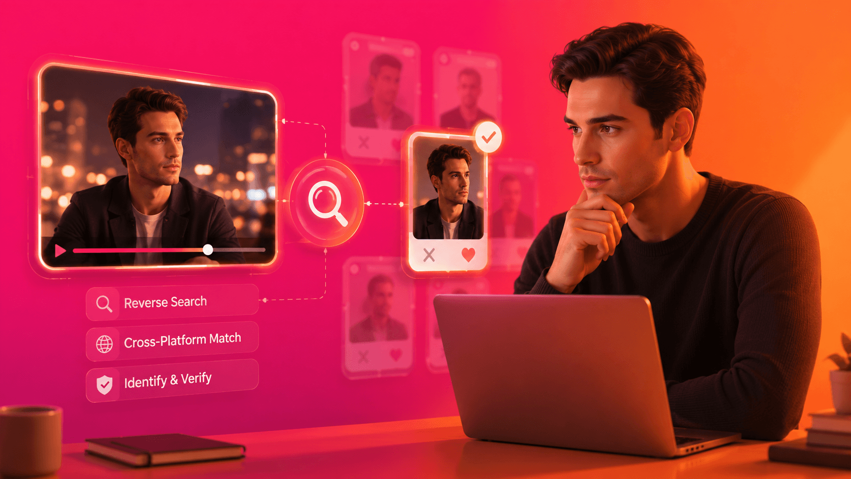 A person comparing a video frame to multiple blurred profile cards.