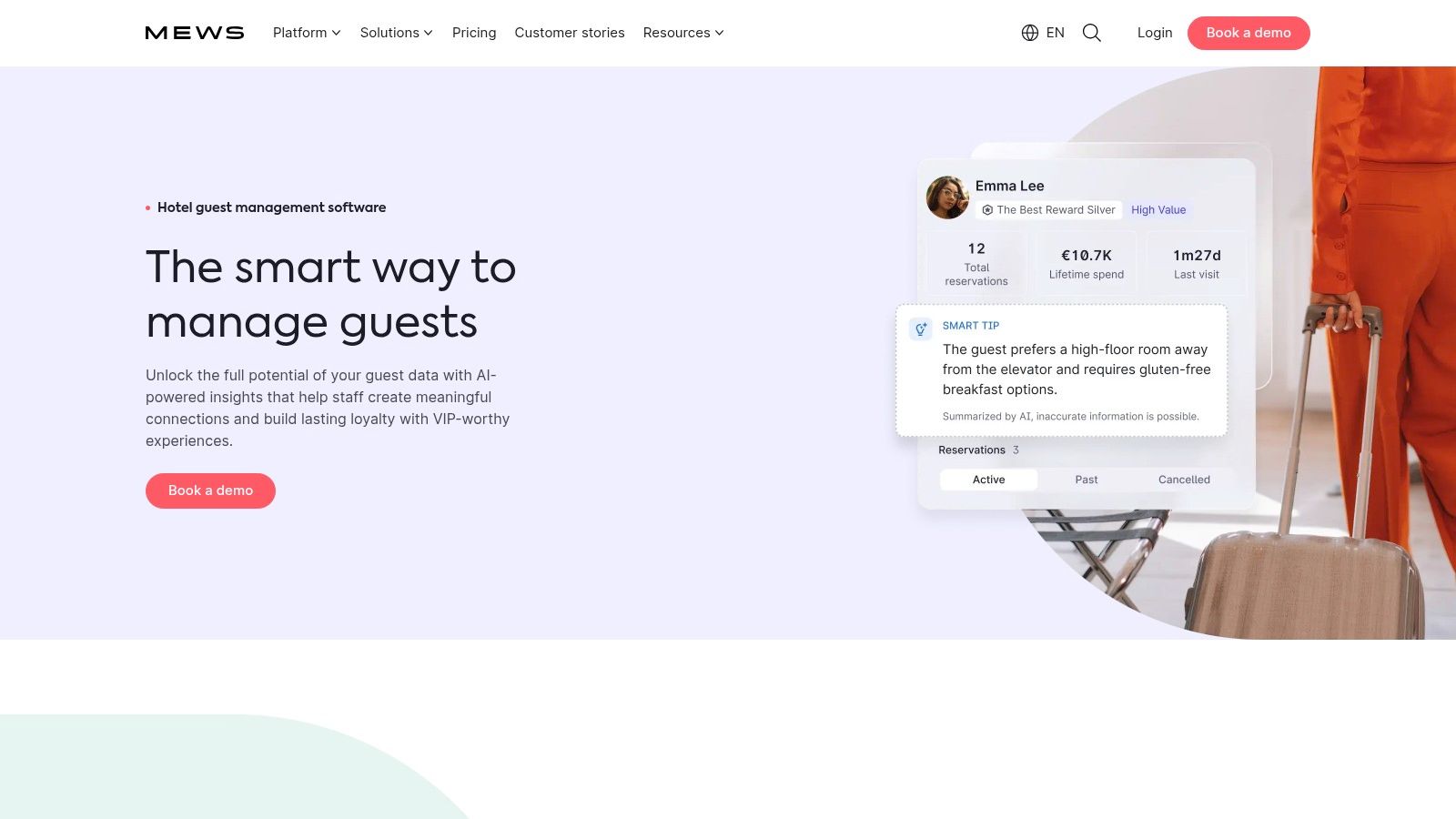 Mews dashboard showing guest management features and analytics