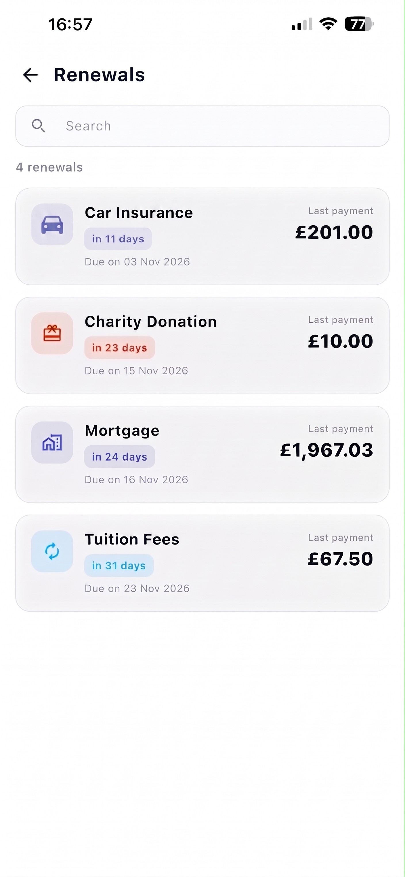 Dr. Frugal upcoming renewals screen