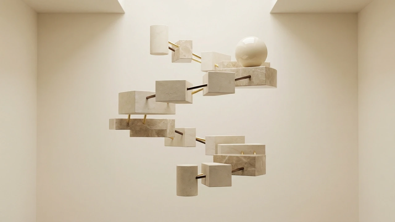 Abstract 3D spiraling structure composed of floating stone cubes and cylinders connected by thin metal rods.