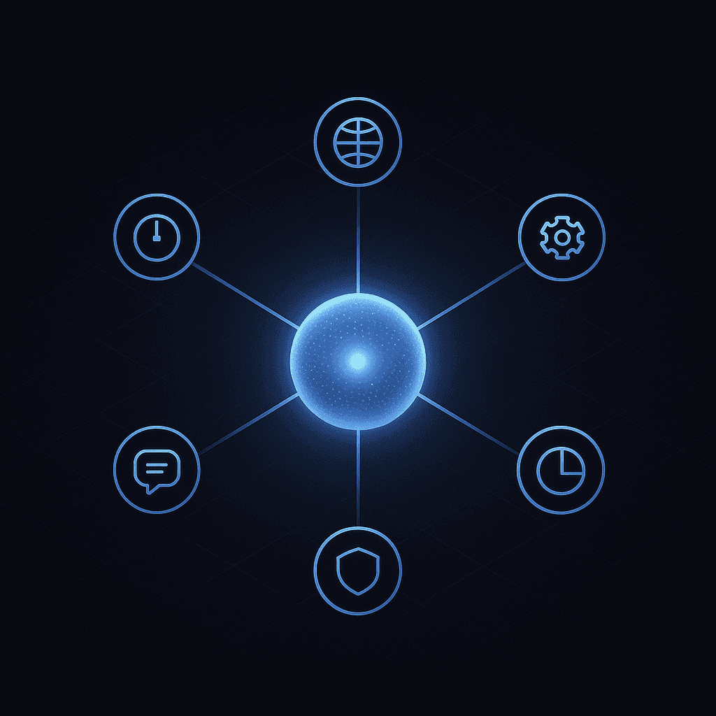 Diagram showing six key AEO evaluation metrics linked to a central hub